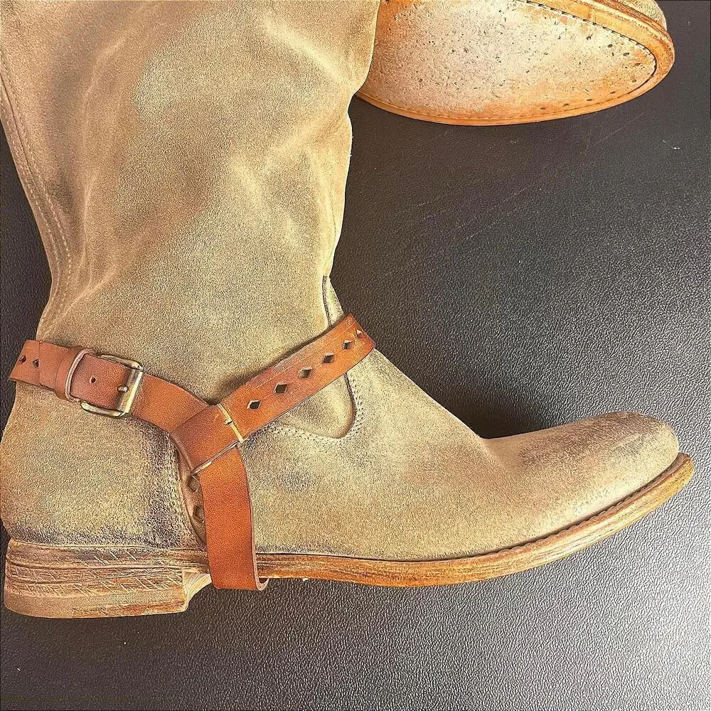 NDC‎ Women's Brown Hand Made Suede Riding Boots with Leather Straps - Size 6.5